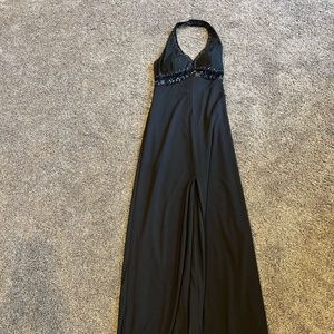 Black formal halter dress with beads and front slit